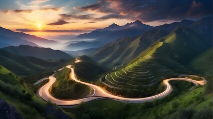 Gorgeous sweeping panorama of a picturesque, naturally lit mountain road at twilight, encircled by lush vegetation.