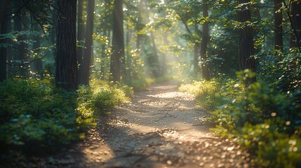 Obraz premium Pathway through a serene forest with dappled sunlight