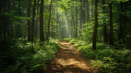 Obraz premium Pathway through a serene forest with dappled sunlight