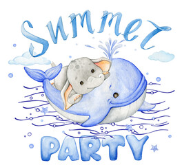 elephant whale summer party watercolor clipart