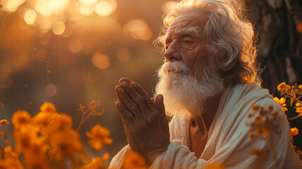 old white man praying with his hands close to the face in nature on the background,generative ai