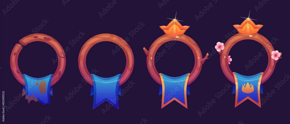 Poster fantasy ui game circle avatar rank level frame. round interface border button design. medieval gui b