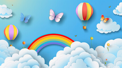 Beautiful fluffy clouds on blue sky background with summer sun, butterfly, hot air balloons and rainbow. Vector illustration. Paper cut style