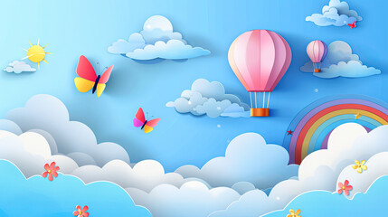 Beautiful fluffy clouds on blue sky background with summer sun, butterfly, hot air balloons and rainbow. Vector illustration. Paper cut style
