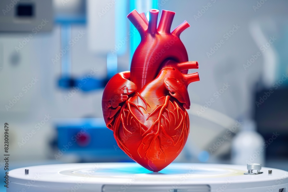 Aufkleber A high-tech 3D printer creating a detailed heart model in a laboratory, illustrating the innovative use of bioprinting technology in medical research, Generative AI