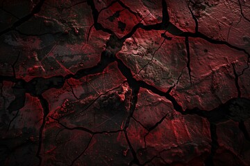 : A close-up shot of dark red cracked concrete with black grunge textures, showing intricate details of the rough surface, resembling an eerie, abandoned setting, illuminated by a faint light.