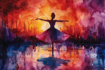 A beautiful watercolor painting of a ballerina dancing in the moonlight