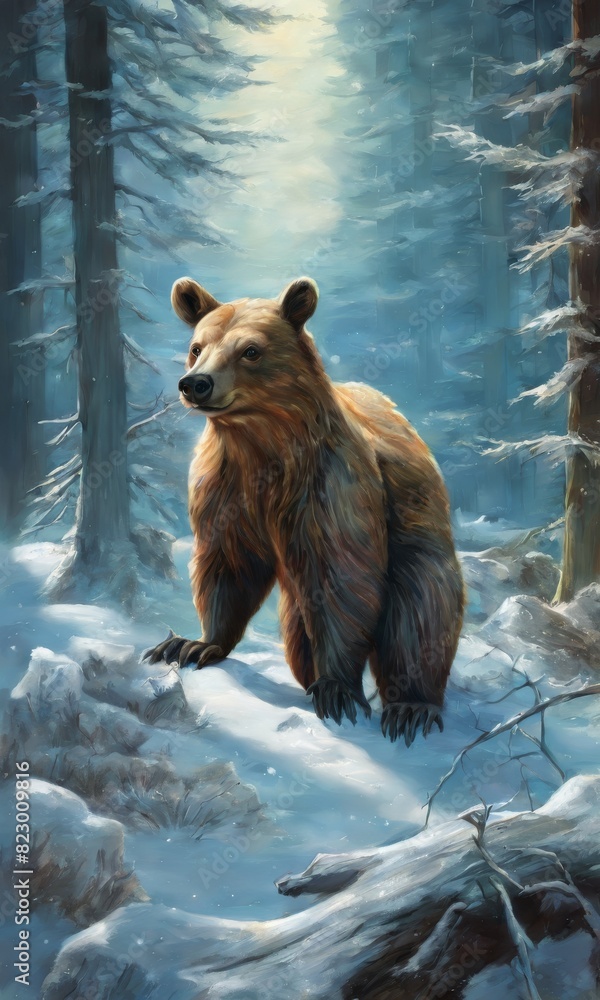 Poster a lone bear stands alert in a snowy forest with light filtering through the trees.. ai generation