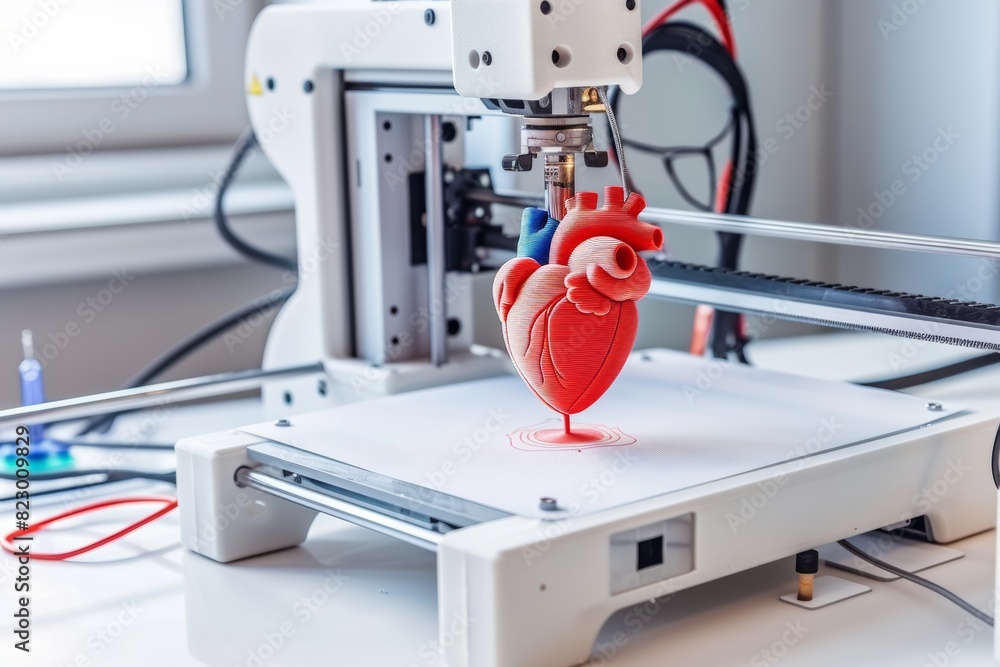 Aufkleber A high-tech 3D printer creating a detailed heart model in a laboratory, illustrating the innovative use of bioprinting technology in medical research, Generative AI