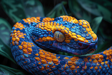 Fototapeta premium A stunning closeup of a blue and orange viper snake, coiled and ready to strike