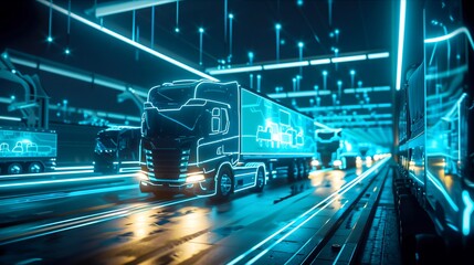 Fototapeta premium a futuristic logistics trucks in neon blue colors connected by a network with lines