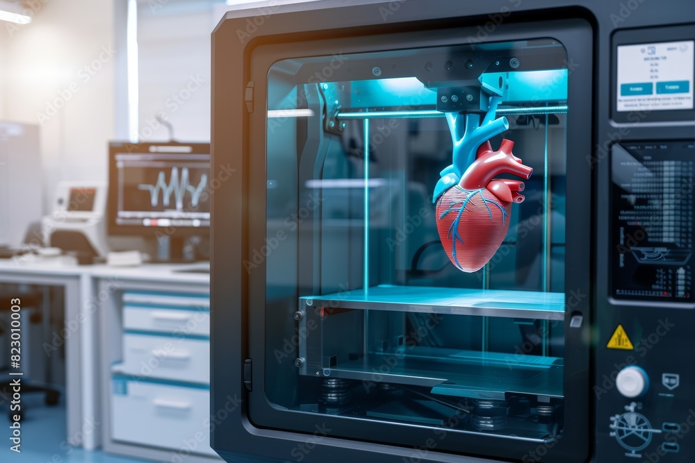 Aufkleber A high-tech 3D printer creating a detailed heart model in a laboratory, illustrating the innovative use of bioprinting technology in medical research, Generative AI
