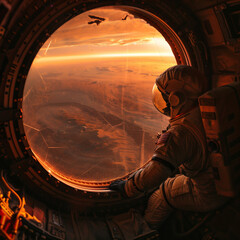 An astronaut observes the Martian surface through a space station porthole, showcasing an expansive view of a desolate terrain under a radiant orange sunset.