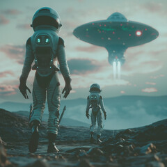 Two astronauts in space suits walk on a desolate rocky planet under a red sky, approaching a hovering UFO with glowing lights.