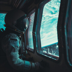 An astronaut observes a planet’s surface through a space station porthole, showcasing an expansive view of  the planetary surface 