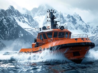 The red ship is sailing in the iceberg