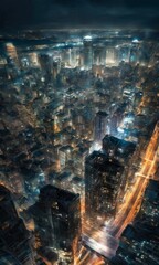 A bird's-eye view of a densely packed city at night, illuminated by streetlights and skyscrapers.. AI Generation