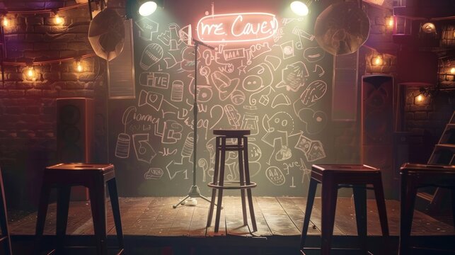 Abstract background with icons of stand-up comedy shows and humorous elements