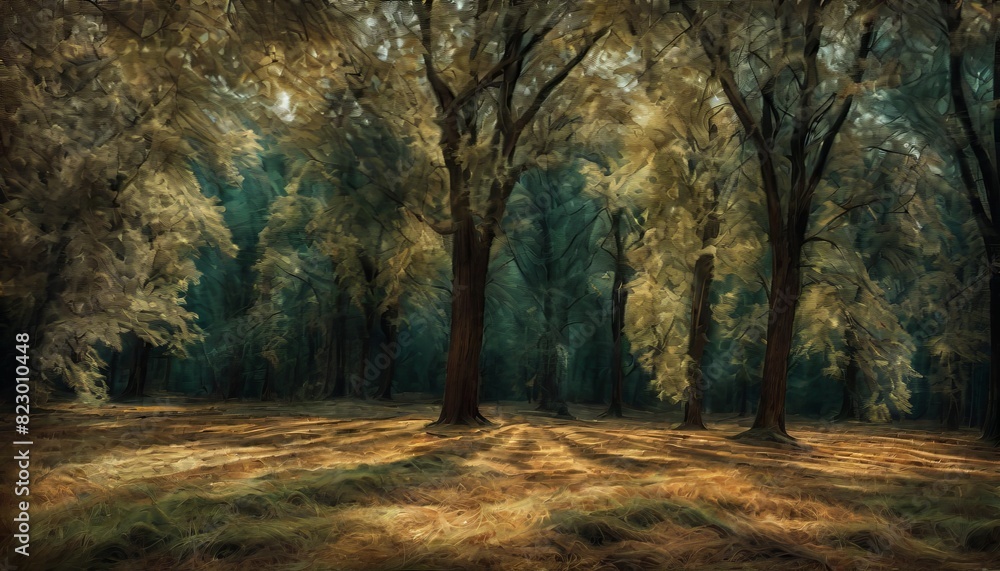 Poster a tranquil forest scene with golden sunlight filtering through autumn leaves, casting long shadows o