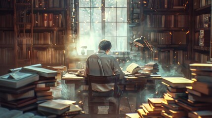 A person immersed in study within a cozy, vintage library. Books stacked on the desk and surrounding shelves create a scholarly atmosphere.