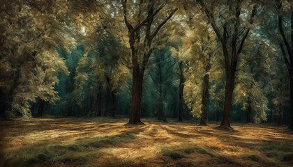 Naklejka premium A tranquil forest scene with golden sunlight filtering through autumn leaves, casting long shadows on the forest floor.. AI Generation