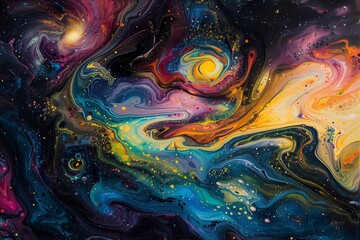 Obraz premium : A cosmic dance of swirling galaxies depicted in vibrant oil and acrylic smears, blending into a mesmerizing abstract texture against a dark canvas background.