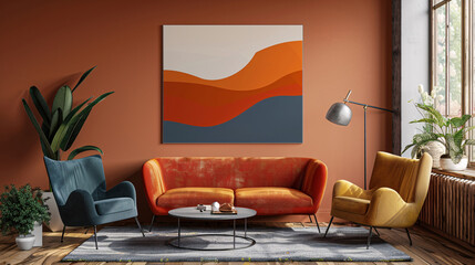 Art mockup in a living room with retro furniture and minimalistic design elements