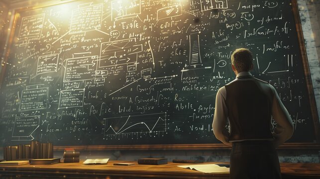 A scientist stands before a chalkboard filled with complex equations and formulas, deep in thought, in a vintage study room setting.