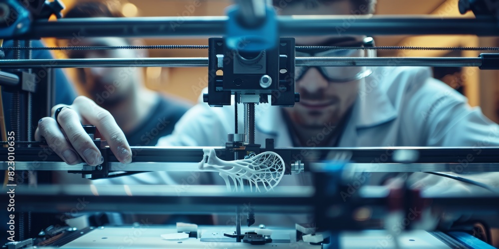 Aufkleber Focused engineer working in a high-tech lab with advanced 3D printing equipment, highlighting the precision and innovation involved in modern manufacturing and technological development, Generative AI