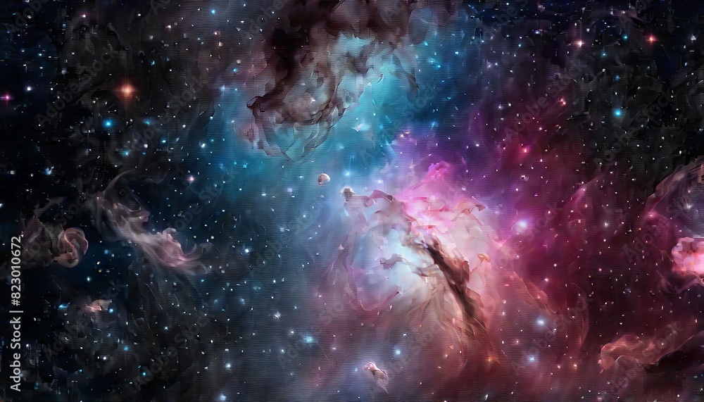 Poster a digital dreamscape portraying a nebula with a mesmerizing blend of colors amidst stars in the cosm