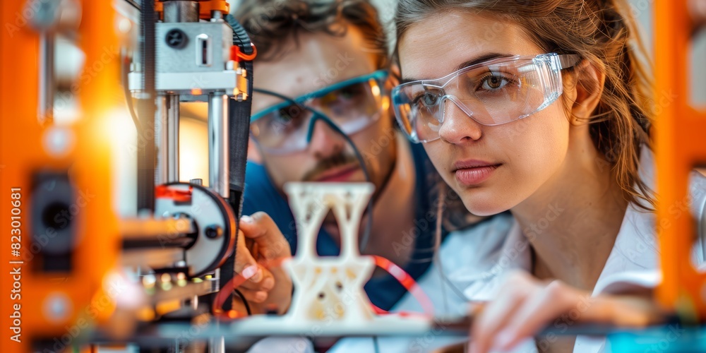 Poster Engineers working on a 3D printing project in a high-tech laboratory, showcasing modern technology, innovation, and collaborative efforts in scientific research and industrial design, Generative AI