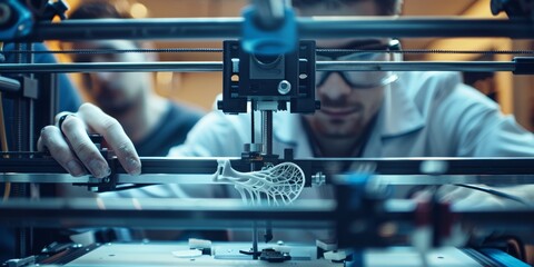 Focused engineer working in a high-tech lab with advanced 3D printing equipment, highlighting the precision and innovation involved in modern manufacturing and technological development, Generative AI