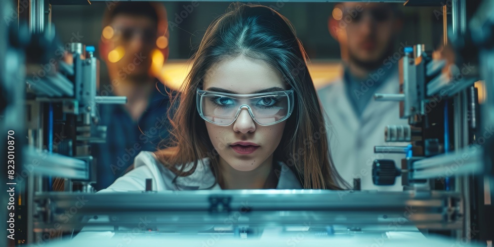 Aufkleber Focused engineer working in a high-tech lab with advanced 3D printing equipment, highlighting the precision and innovation involved in modern manufacturing and technological development, Generative AI