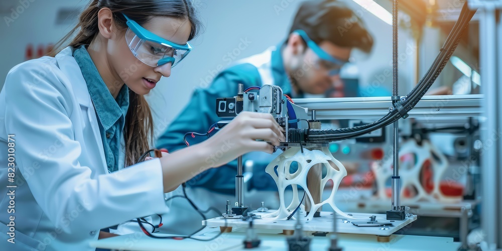 Aufkleber Engineers working in a laboratory with 3D printing technology, focusing on the creation and innovation of prototypes, highlighting the precision and future of manufacturing, Generative AI