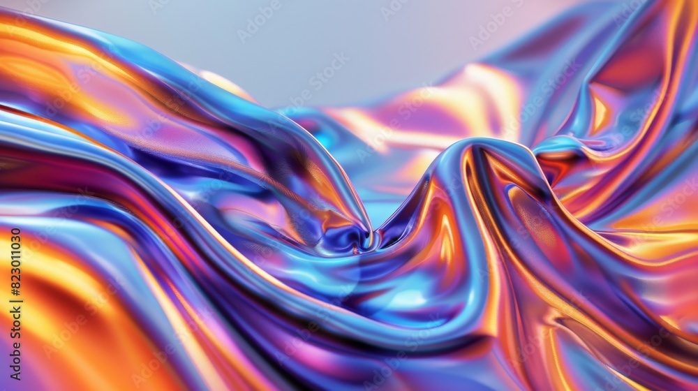 Poster vibrant and dynamic wavy metallic surface with colorful reflections, creating an abstract and mesmer