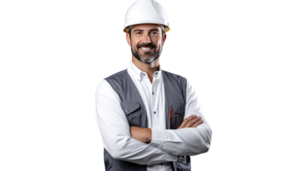 a male engineer standing proudly in front of a completed construction project, isolated on transparent and white background.PNG image.