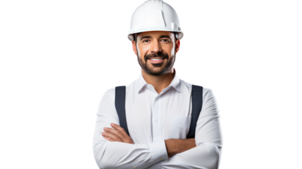 a male engineer standing proudly in front of a completed construction project, isolated on transparent and white background.PNG image.