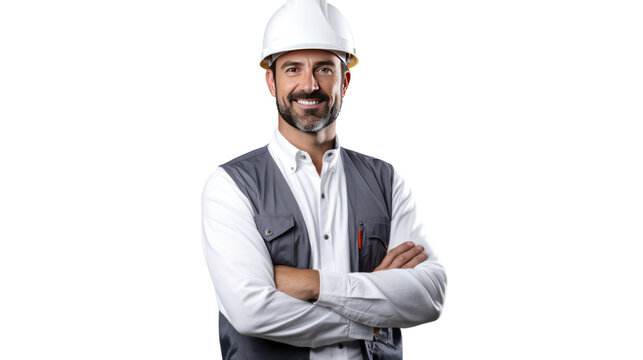 a male engineer standing proudly in front of a completed construction project, isolated on transparent and white background.PNG image.