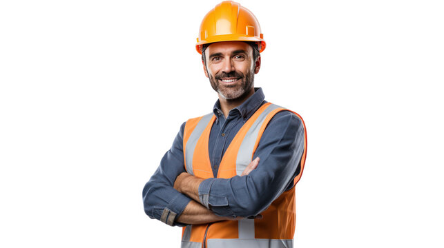 a male engineer standing proudly in front of a completed construction project, isolated on transparent and white background.PNG image.