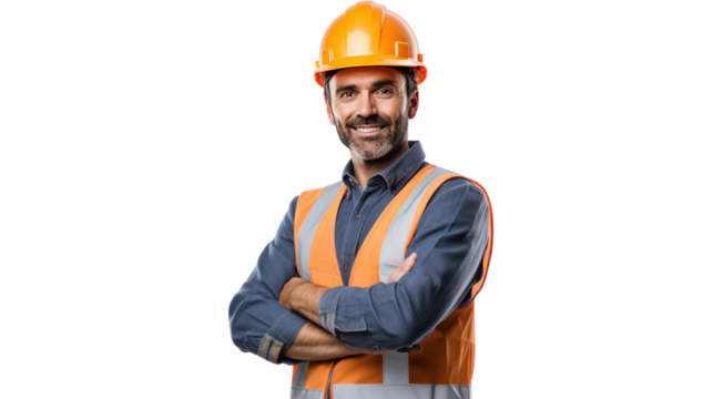 a male engineer standing proudly in front of a completed construction project, isolated on transparent and white background.PNG image.