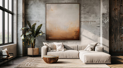 Art mockup in a living room with retro furniture and minimalistic design elements