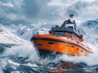 The red ship is sailing in the iceberg