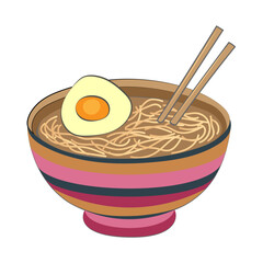 Noodles in bowl with chopsticks icon in cartoon style on a white background
