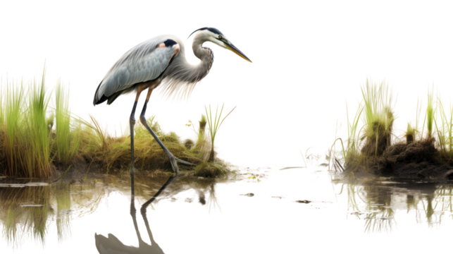 graceful heron wading through a marsh, its long neck poised to strike at a unsuspecting fish isolated on transparent and white background.PNG image.