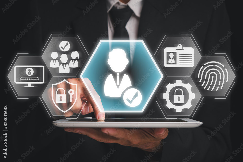 Aufkleber user account concept, businessman using digital tablet with user account icon on virtual screen.