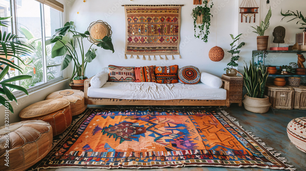 Poster Boho-inspired home with a houseplant, chic furnishing, and bright decor elements