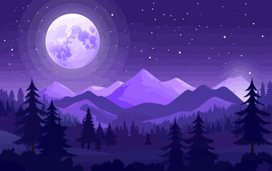 a night scene with mountains, trees and a full moon