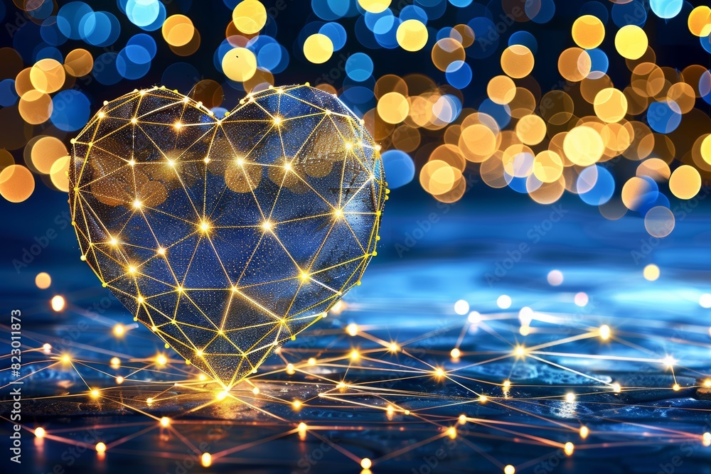 Poster A glowing wireframe heart illuminated with golden lights and surrounded by vibrant bokeh, symbolizing love and connection in a digital and modern art form, Generative AI