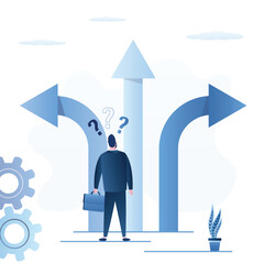 Businessman with solving and decision. Choice right way concept. Male employee before choice. Worker man and arrows point in different directions. Сareer path.