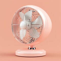 Electric desk fan, mid-operation, blades blurred, isolated against a peach background